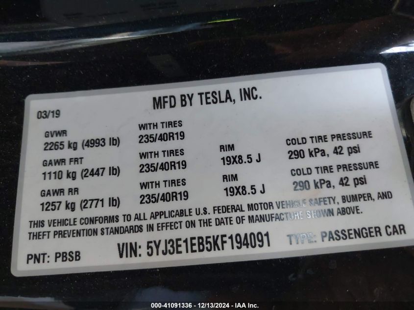 2019 Tesla Model 3 Long Range/Performance VIN: 5YJ3E1EB5KF194091 Lot: 41091336