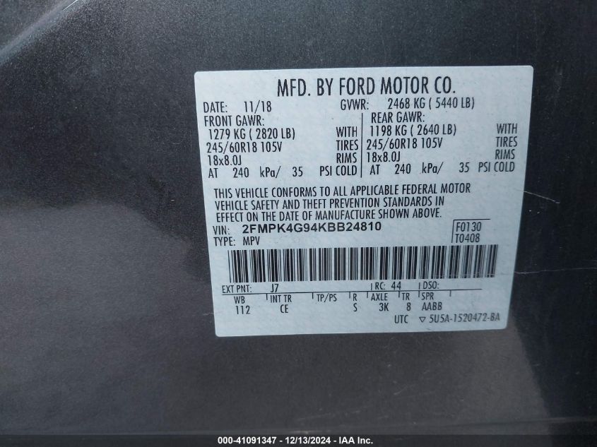 VIN 2FMPK4G94KBB24810 2019 Ford Edge, SE no.9