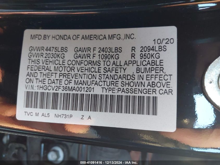 VIN 1HGCV2F36MA001201 2021 Honda Accord, Sport 2.0T no.9