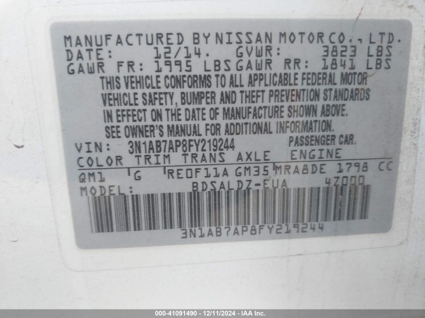 VIN 3N1AB7AP8FY219244 2015 Nissan Sentra, Fe+ S/S/S... no.9