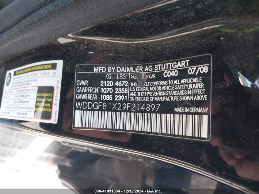 2009 MERCEDES-BENZ C 300 VIN: WDDGF81X29F214897