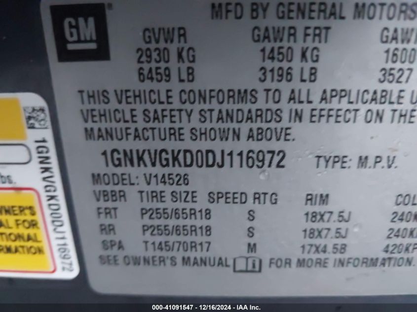 VIN 1GNKVGKDODJ116972 2013 CHEVROLET TRAVERSE no.9