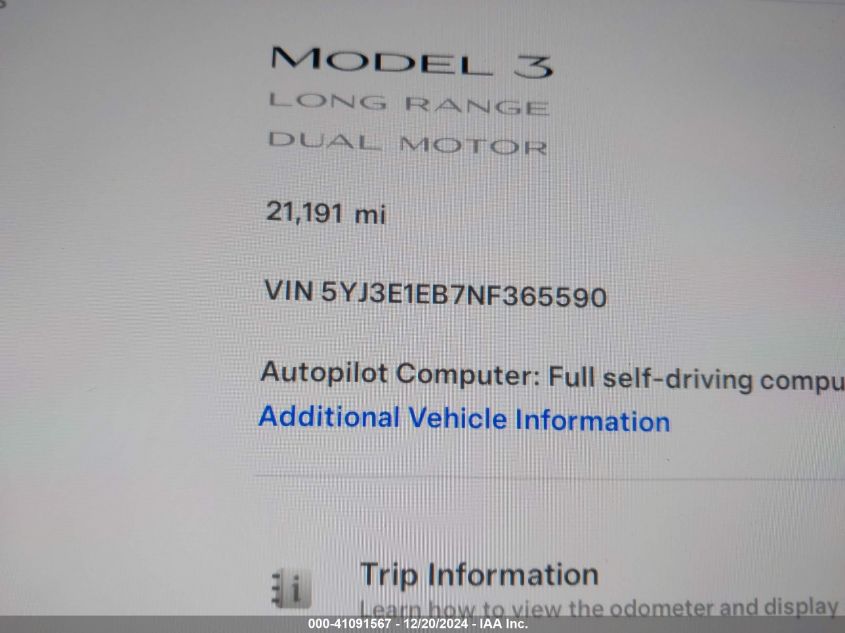 2022 Tesla Model 3 Long Range Dual Motor All-Wheel Drive VIN: 5YJ3E1EB7NF365590 Lot: 41091567