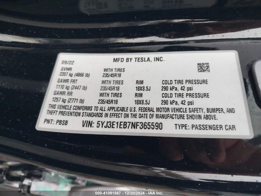 2022 Tesla Model 3 Long Range Dual Motor All-Wheel Drive VIN: 5YJ3E1EB7NF365590 Lot: 41091567