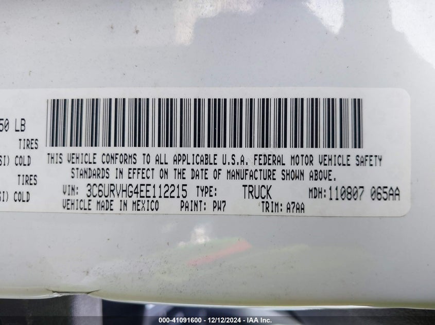 2014 Ram Promaster 3500 High Roof VIN: 3C6URVHG4EE112215 Lot: 41091600