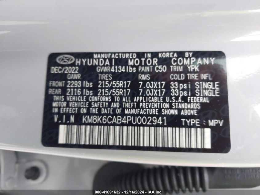 2023 Hyundai Kona Sel VIN: KM8K6CAB4PU002941 Lot: 41091632