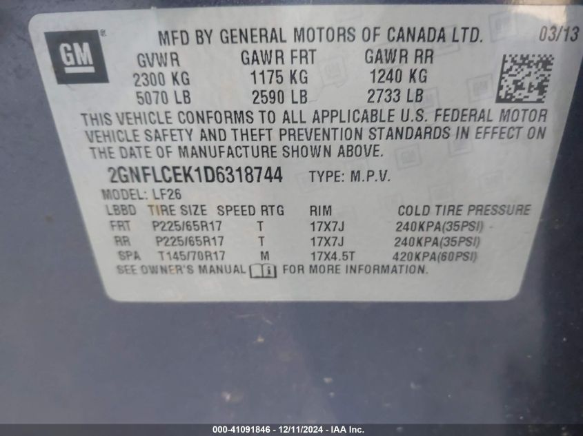 VIN 2GNFLCEK1D6318744 2013 CHEVROLET EQUINOX no.9