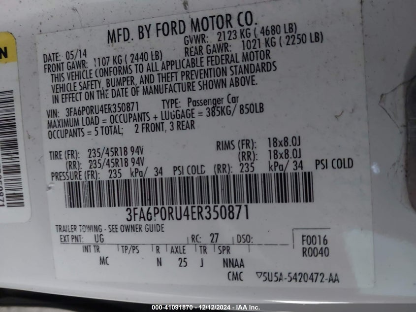 2014 FORD FUSION HYBRID VIN: 3FA6P0RU4ER350871