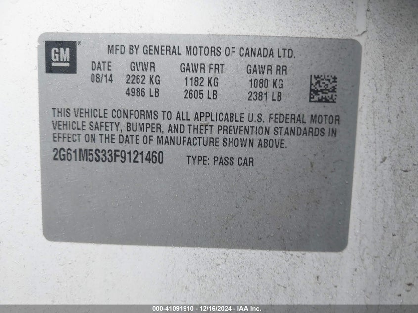 2015 CADILLAC XTS VIN: 2G61M5S33F9121460