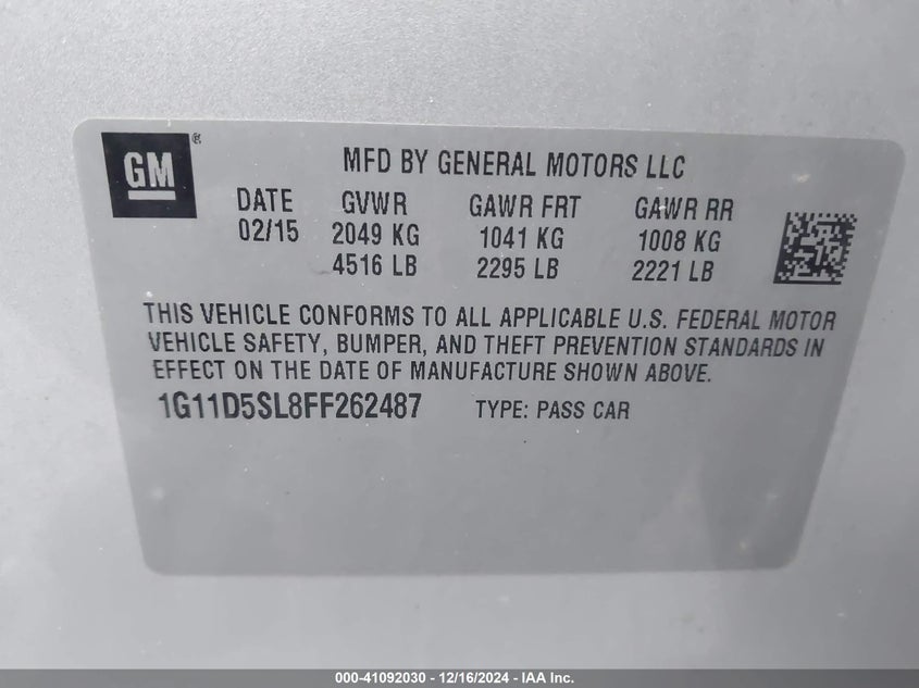 2015 CHEVROLET MALIBU VIN: 1G11D5SL8FF262487