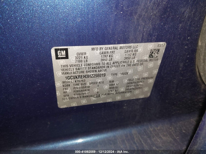 2017 CHEVROLET SILVERADO VIN: 1GCVKREH3HZ298019