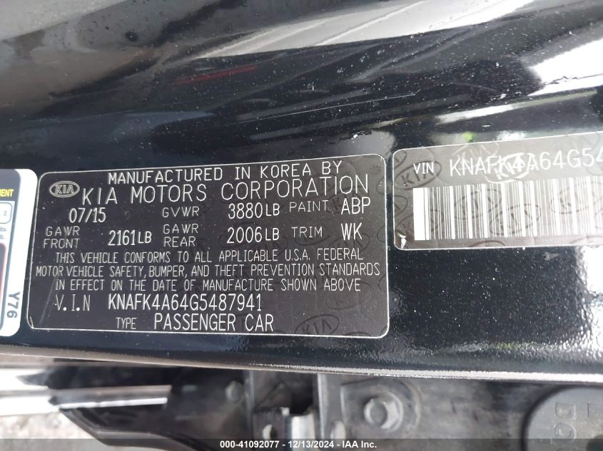 VIN KNAFK4A64G5487941 2016 KIA Forte, LX no.9