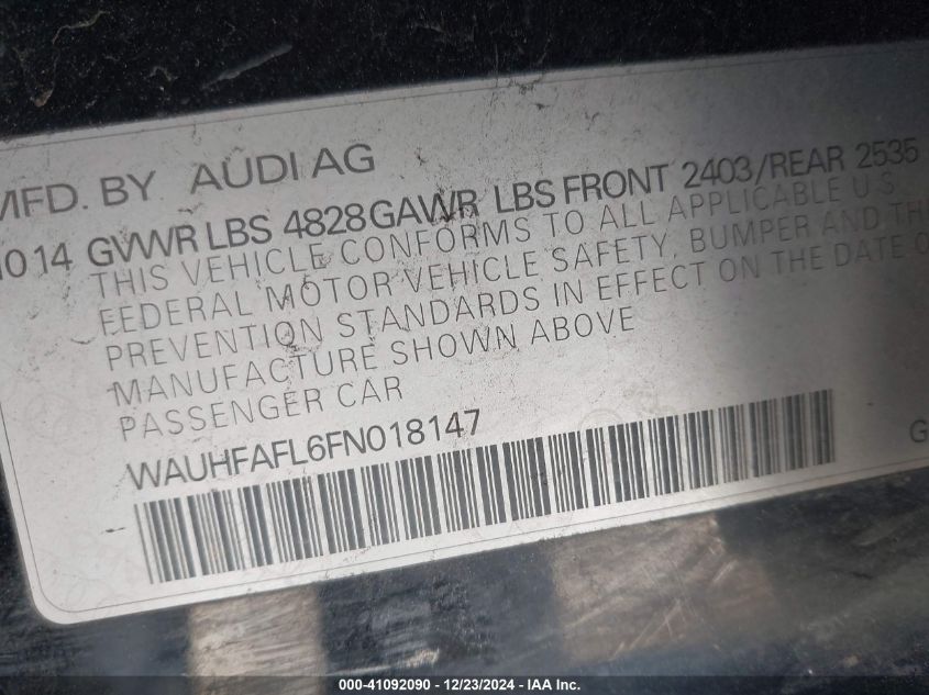 VIN WAUHFAFL6FN018147 2015 Audi A4, 2.0T Premium no.9