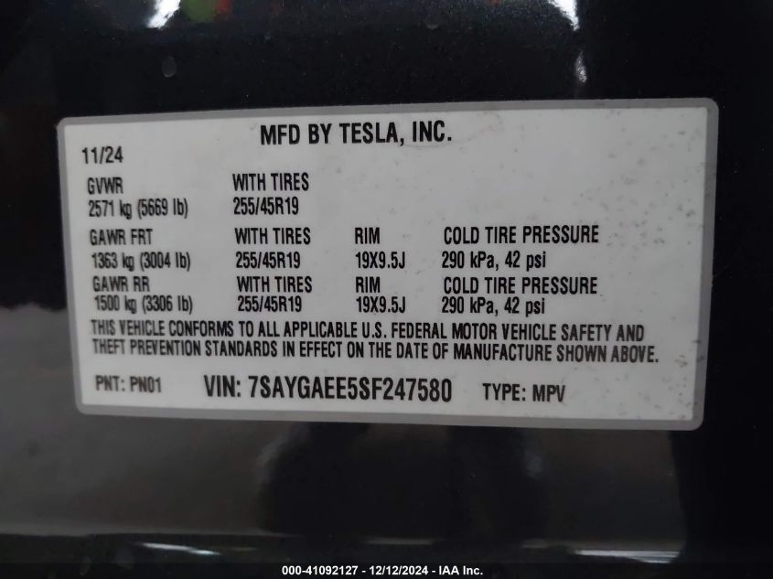 2025 TESLA MODEL Y LONG RANGE DUAL MOTOR ALL-WHEEL DRIVE - 7SAYGAEE5SF247580