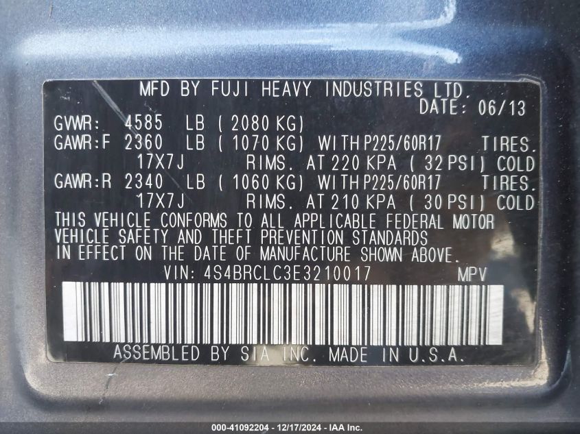 VIN 4S4BRCLC3E3210017 2014 Subaru Outback, 2.5I Lim... no.9