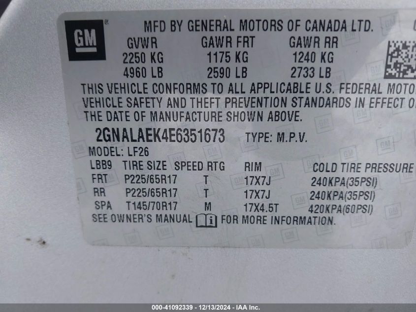 VIN 2GNALAEK4E6351673 2014 CHEVROLET EQUINOX no.9