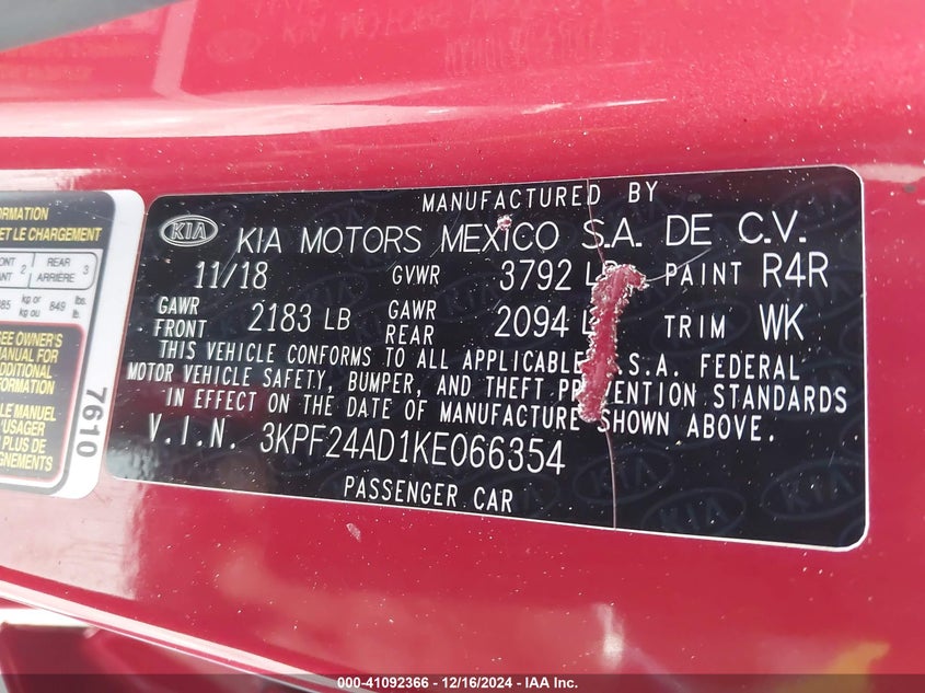 2019 KIA FORTE VIN: 3KPF24AD1KE066354