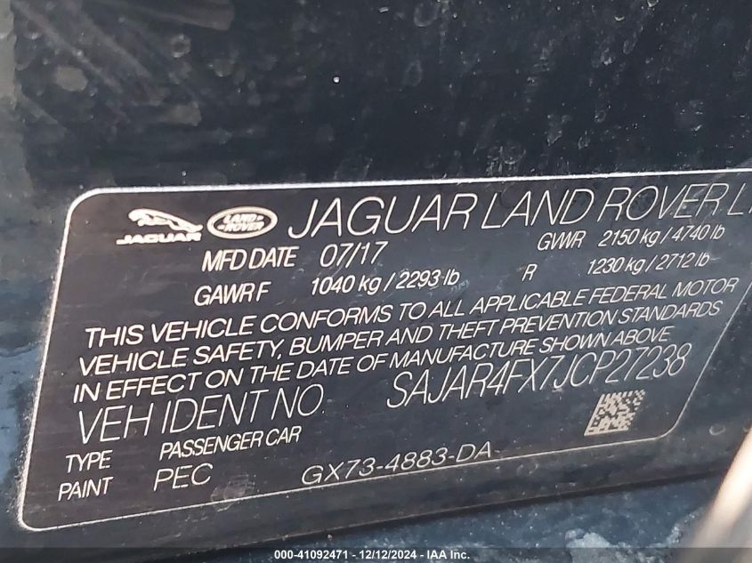 VIN SAJAR4FX7JCP27238 2018 JAGUAR XE no.9