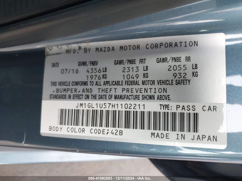 VIN JM1GL1U57H1102211 2017 MAZDA MAZDA6 no.9