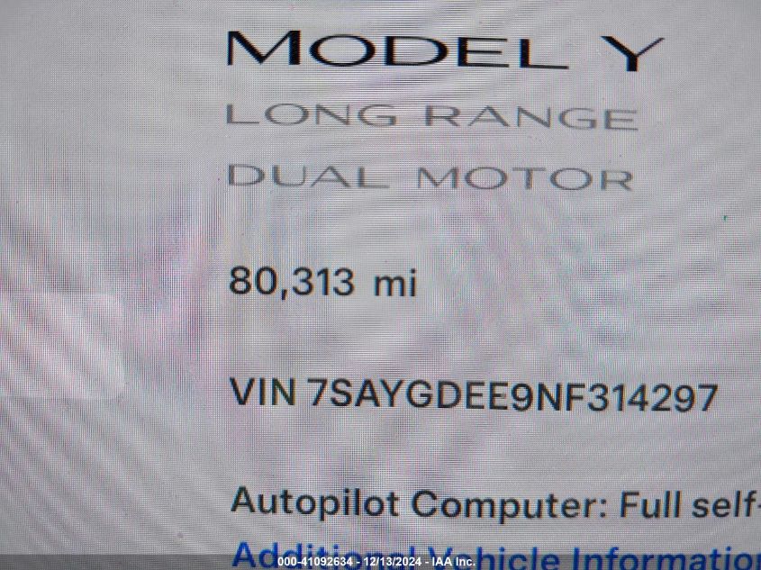 2022 Tesla Model Y Long Range Dual Motor All-Wheel Drive VIN: 7SAYGDEE9NF314297 Lot: 41092634