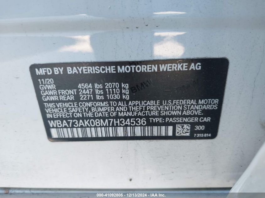 2021 BMW 228I GRAN COUPE XDRIVE VIN: WBA73AK08M7H34536