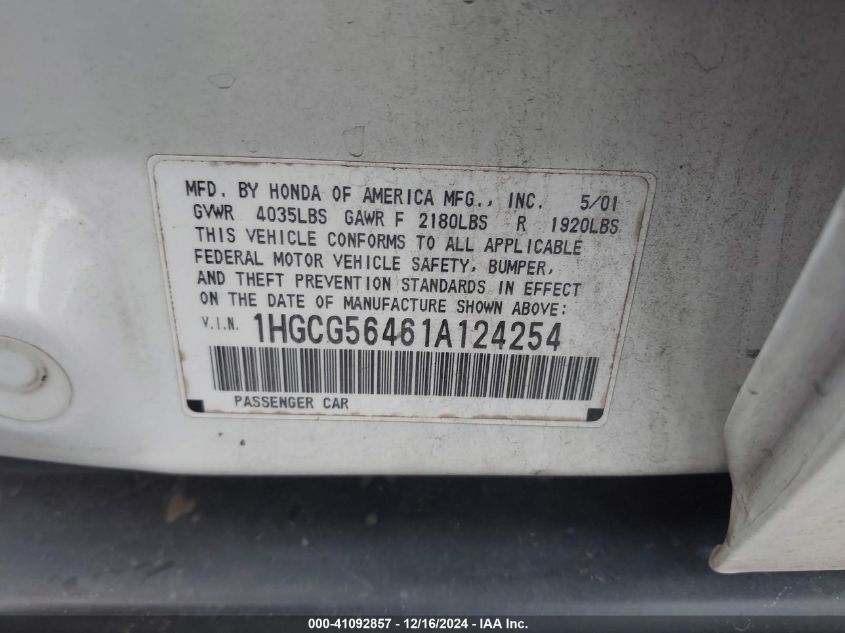 2001 Honda Accord 2.3 Lx VIN: 1HGCG56461A124254 Lot: 41092857