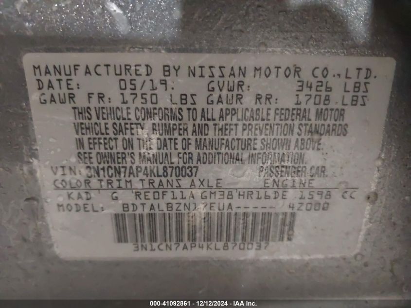 VIN 3N1CN7AP4KL870037 2019 NISSAN VERSA no.9