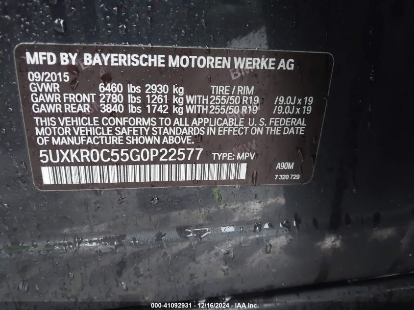 VIN 5UXKR0C55G0P22577 2016 BMW X5, Xdrive35I no.9