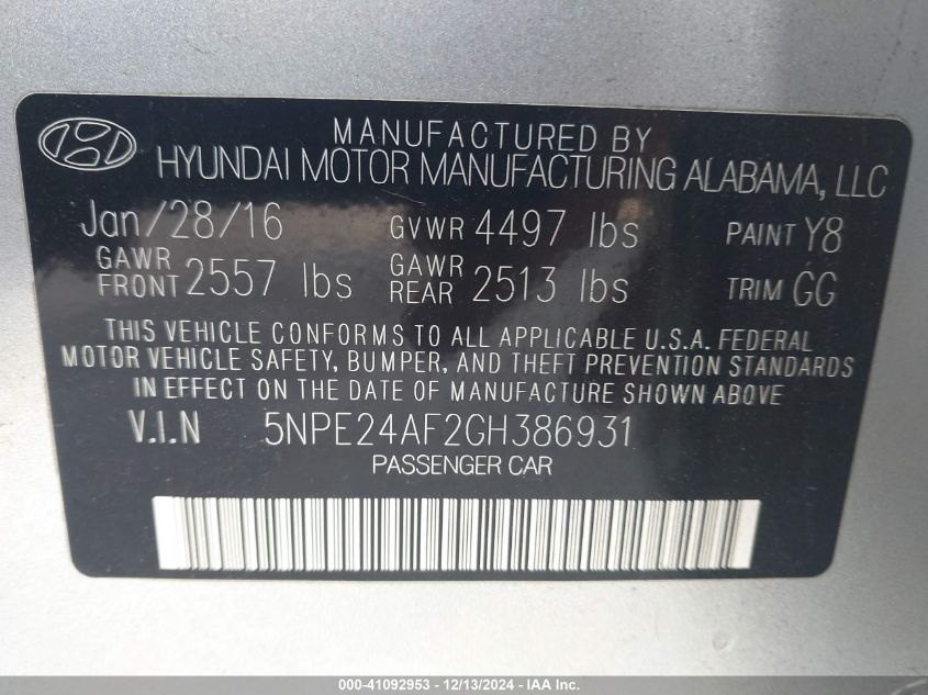 VIN 5NPE24AF2GH386931 2016 Hyundai Sonata, SE no.9