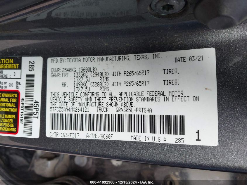 VIN 5TFCZ5AN4MX264121 2021 Toyota Tacoma, Trd Sport no.9