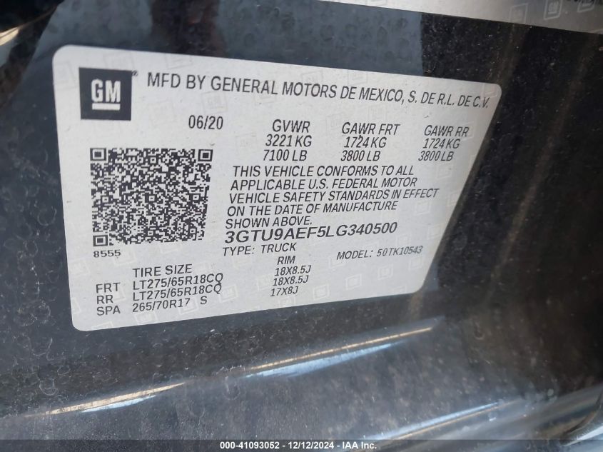 VIN 3GTU9AEF5LG340500 2020 GMC SIERRA 1500 no.9