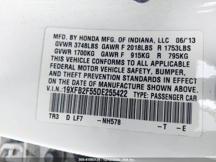 VIN 19XFB2F55DE255422 2013 Honda Civic, LX no.9