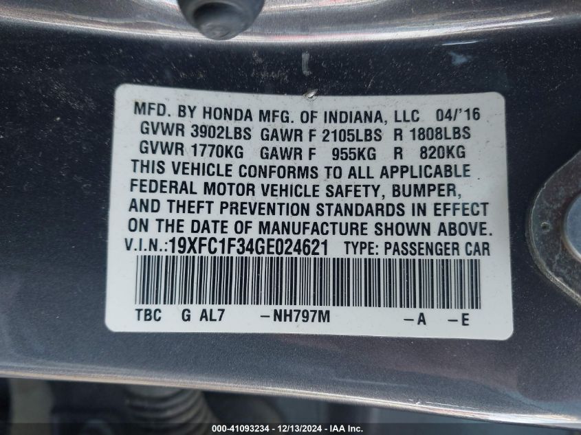 VIN 19XFC1F34GE024621 2016 HONDA CIVIC no.9