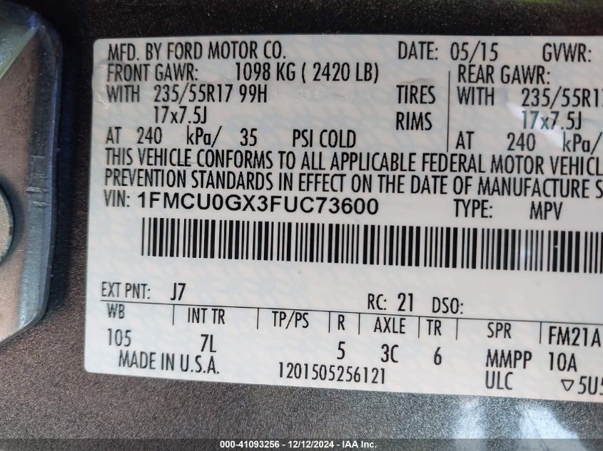 VIN 1FMCU0GX3FUC73600 2015 FORD ESCAPE no.9