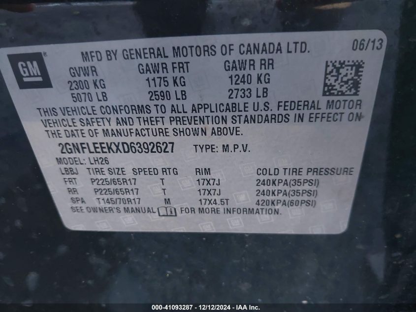 VIN 2GNFLEEKXD6392627 2013 Chevrolet Equinox, 1LT no.9