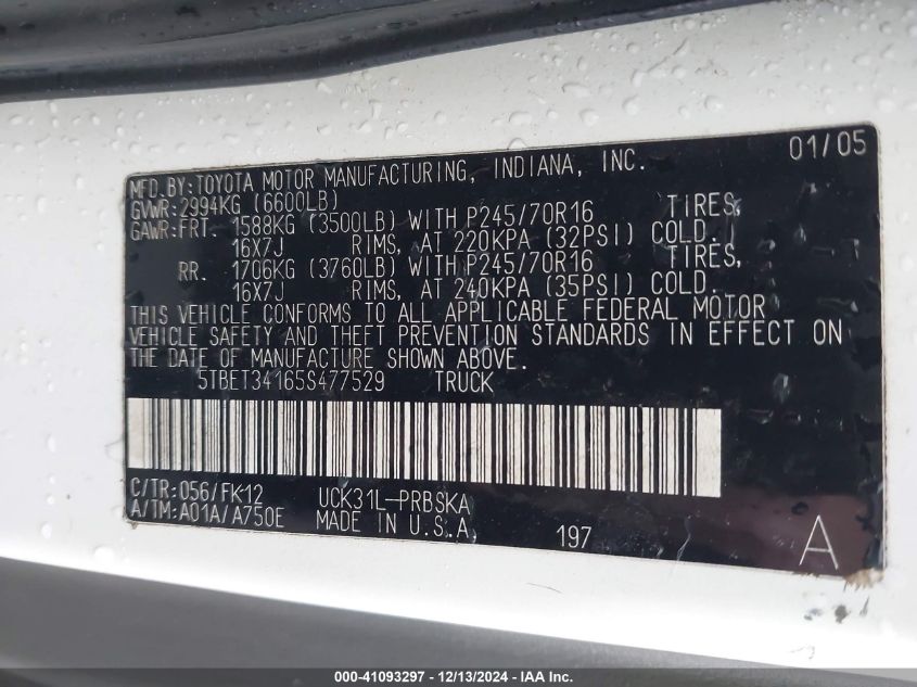 2005 Toyota Tundra Double Cab Sr5 VIN: 5TBET34165477529 Lot: 41093297