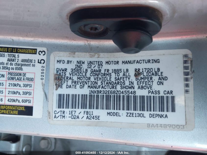 2008 Toyota Corolla Le VIN: 1NXBR32E68Z045548 Lot: 41093455