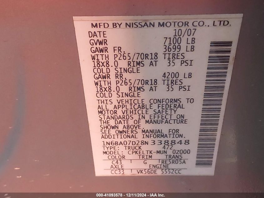 2008 Nissan Titan Le/Se/Xe VIN: 1N6BA07D28N338848 Lot: 41093578