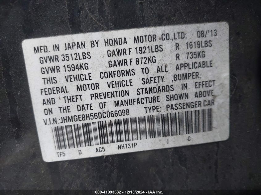 VIN JHMGE8H56DC066098 2013 HONDA FIT no.9