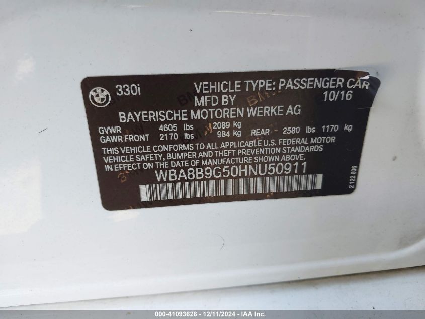 VIN WBA8B9G50HNU50911 2017 BMW 3 Series, 330I no.9