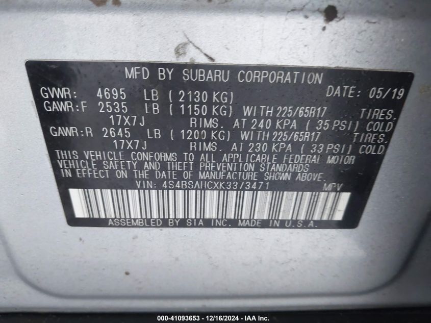 VIN 4S4BSAHCXK3373471 2019 Subaru Outback, 2.5I Pre... no.9