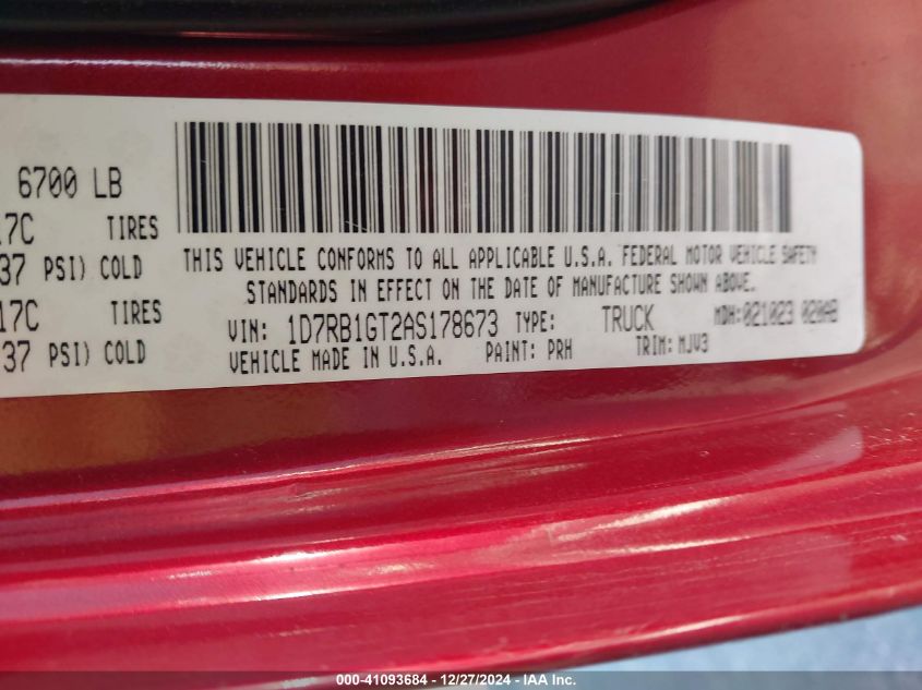 2010 Dodge Ram 1500 Slt/Sport/Trx VIN: 1D7RB1GT2AS178673 Lot: 41093684