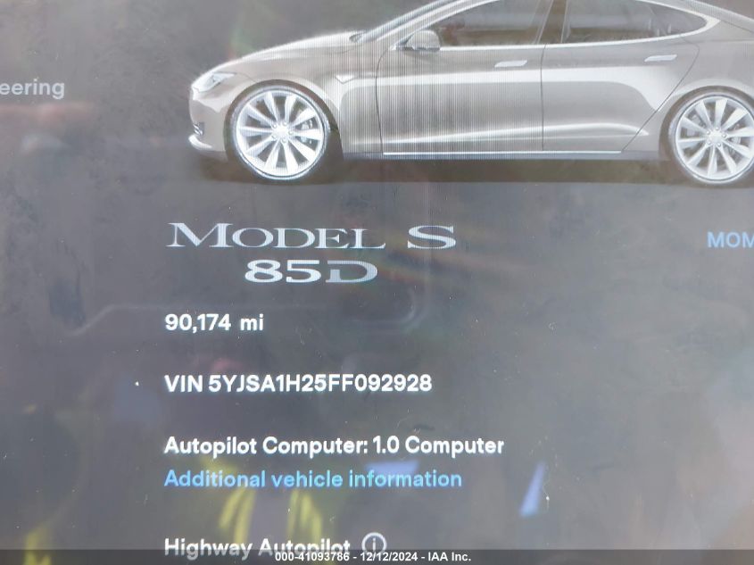 2015 Tesla Model S 70D/85D/P85D VIN: 5YJSA1H25FF092928 Lot: 41093786