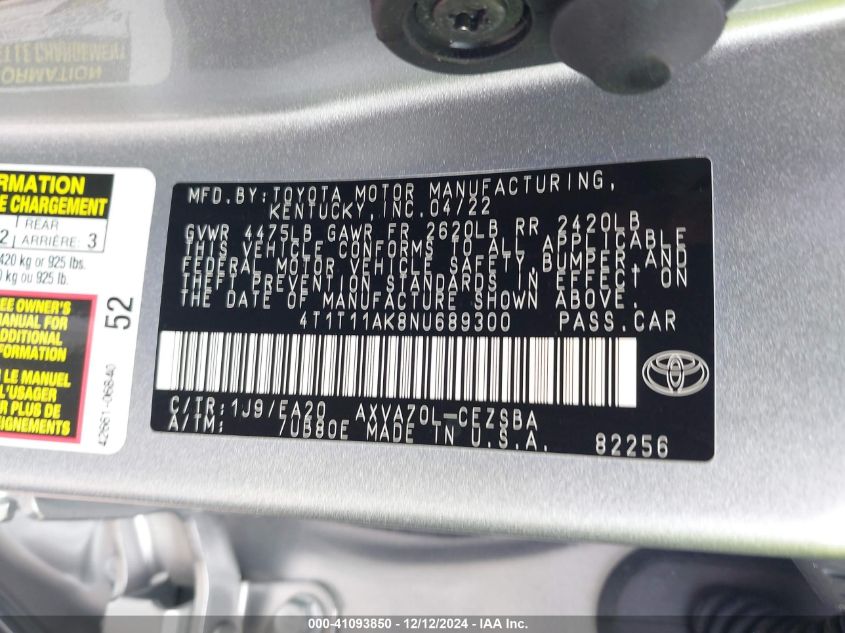 VIN 4T1T11AK8NU689300 2022 Toyota Camry, SE no.9