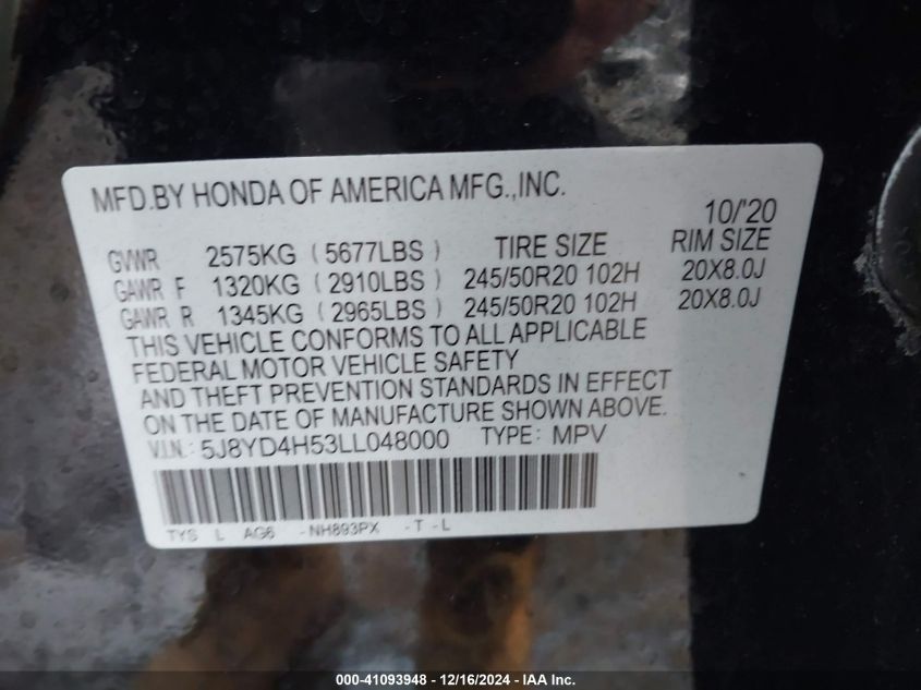 VIN 5J8YD4H53LL048000 2020 ACURA MDX no.9