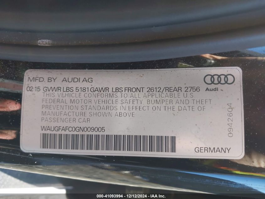 VIN WAUGFAFC0GN009005 2016 Audi A6, 2.0T Premium Plus no.9