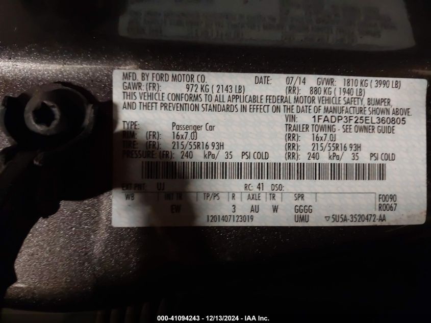 VIN 1FADP3F25EL360805 2014 FORD FOCUS no.9