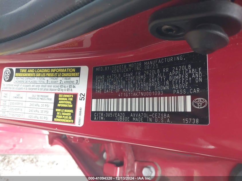 2022 TOYOTA CAMRY VIN: 4T1G11AK7NU001093