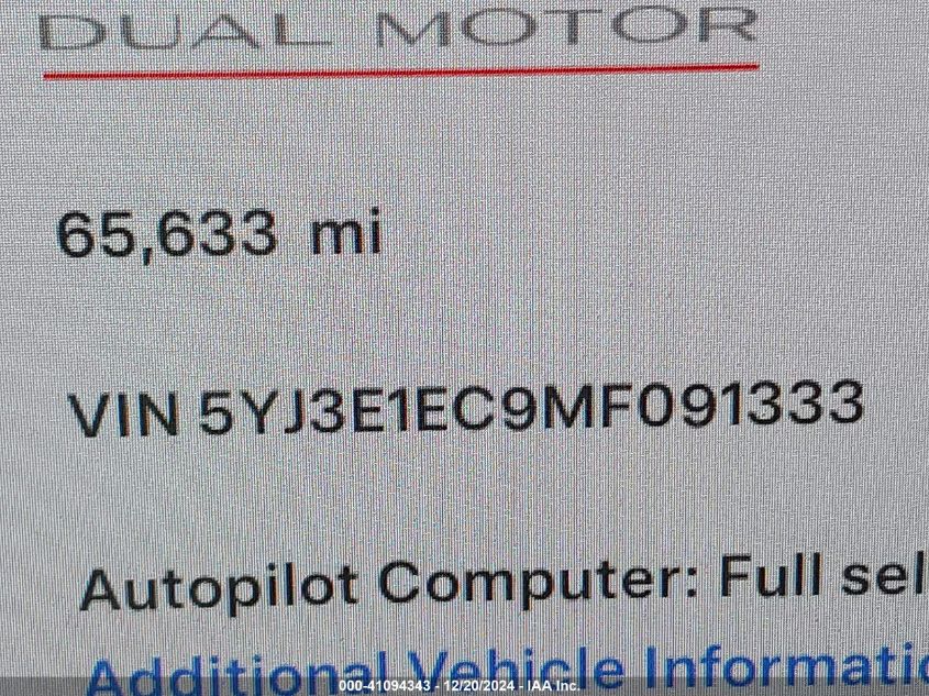 2021 Tesla Model 3 Performance Dual Motor All-Wheel Drive VIN: 5YJ3E1EC9MF091333 Lot: 41094343