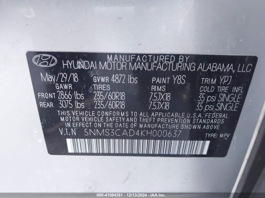 VIN 5NMS3CAD4KH000637 2019 Hyundai Santa Fe, Sel Plus no.9